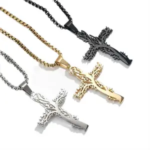 Collier pendentif croix en titane arbre de vie en acier inoxydable pour hommes et femmes bijoux en argent non terni pour cadeau