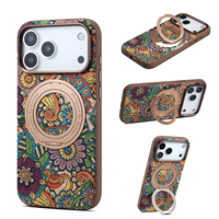Casing Ponsel Vintage Cork Boho Floral Mandala Texture dengan Cincin Magnetik Berputar dan Penyangga, Kompatibel dengan Apple Seri 18/17/16/15/14