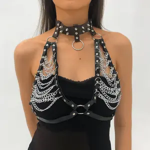 Lingerie Seksi Mode Goth Punk Kulit Paku Keling Choker Rantai Pinggang Seksi Rumbai Perak Bra Menawan Perhiasan Rantai Badan