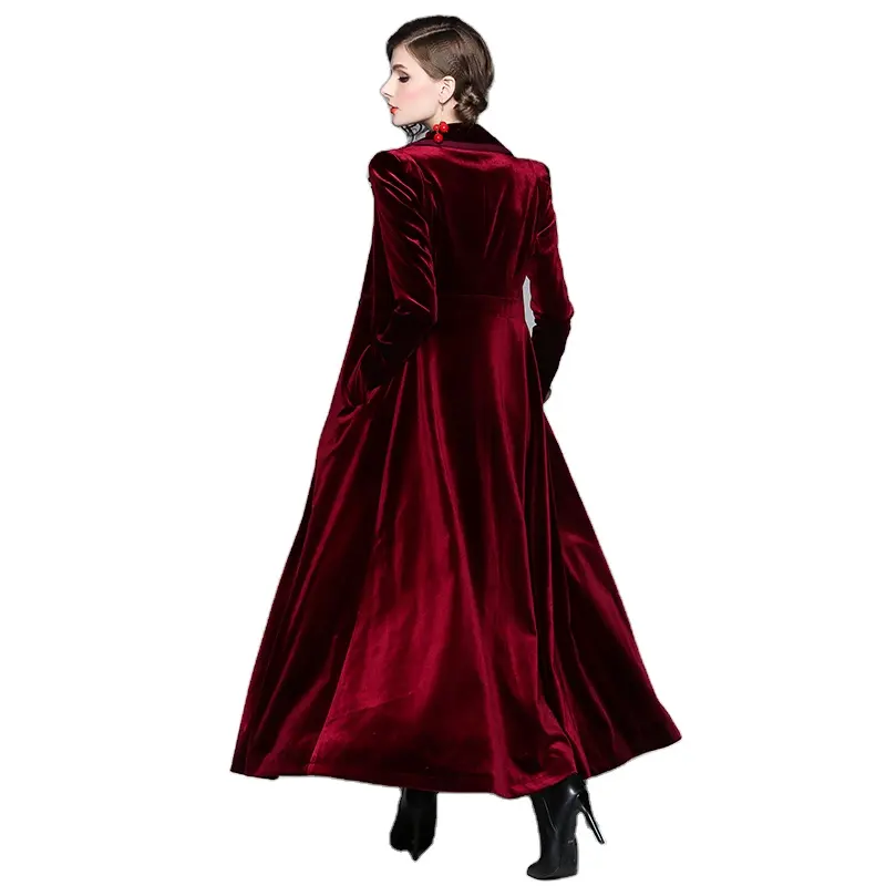 Hot Sale women Fashion Burgundy Red Lady Maxi Velvet Coat