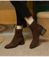 Bottines rétro mi-hautes pour femmes en microfibre bicolore, à bout carré, talon bloc moyen, fermeture éclair arrière, style décontracté, pour le bureau, vente en gros OEM ODM