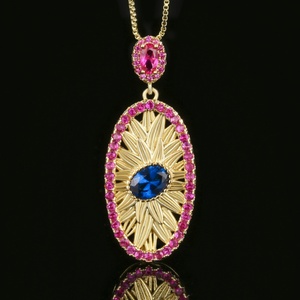 Fashion Eco-friendly Copper Oval Cut 5*7mm Blue Zircon Designer Vintage Style Gold Plated Earrings and Necklace Set for Women - Product Image 6