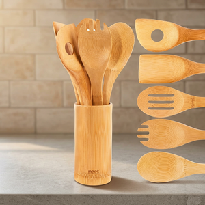 Ensemble d'ustensiles en bambou Neet, 5 pièces, cuillères de cuisine, spatules, sans danger pour les aliments, lavage à la main uniquement - Product Image 2