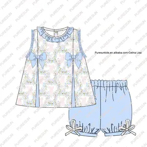 Kustom 2024 anak-anak pakaian musim semi musim panas bayi perempuan pita motif bunga ruffle pakaian balita perempuan set celana pendek