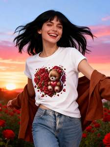 วาเลนไทน์แบร์ฮาร์ทโรสเสื้อยืดพิมพ์ลายผู้หญิงลำลองแขนสั้นคอกลมผ้าฝ้าย 100% แฟชั่นฤดูใบไม้ผลิฤดูร้อน - Product Image 3