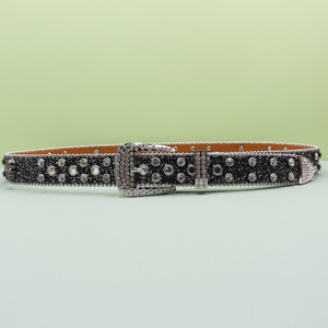 Nouvellement conçu rétro Style occidental blanc tricoté ceintures diamant étincelant Flexible <span class=keywords><strong>ceinture</strong></span> crâne PU grande <span class=keywords><strong>boucle</strong></span> <span class=keywords><strong>ceinture</strong></span> extérieure - Product Image 5