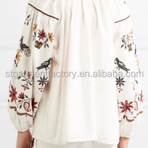 Blusa de Verano para Mujer, Estilo Moderno, Nueva, de Alta Calidad, Cuello en V, Manga Larga, Bordado Floral, Adorno de Borlas en la Parte Delantera - Product Image 2