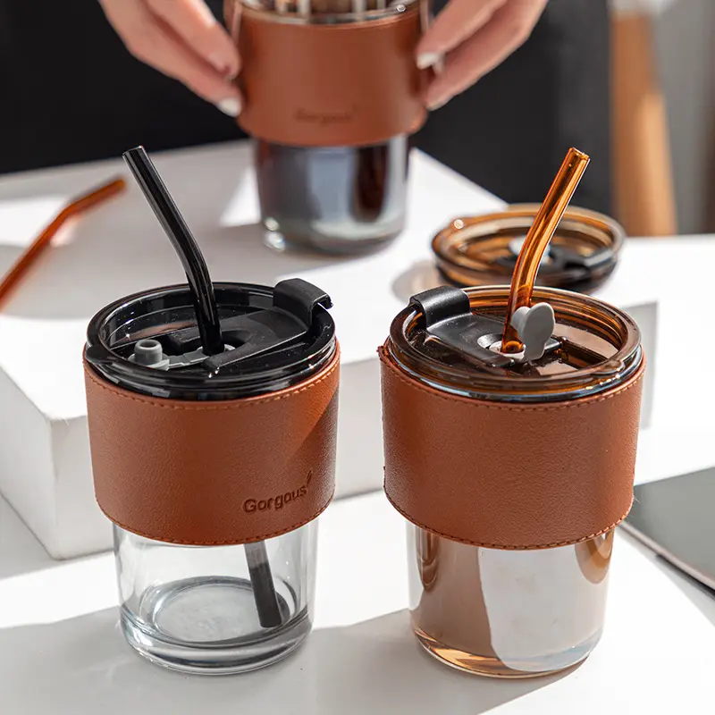 Taza de viaje de vidrio ámbar con tapa y pajita, taza moderna personalizada para bebidas, café y té, de 380ml, nuevo estilo Simple