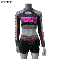 Uniforme de cheerleading personnalisé avec strass, haut court à bretelles longues avec jupe superposée, polyester et élasthanne, logo d'équipe personnalisable
