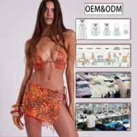 Ensemble bikini 2 pièces tie-dye floral perlé à pompons, haut triangle en mousseline et jupe paréo, tenue de plage bohème pour femme