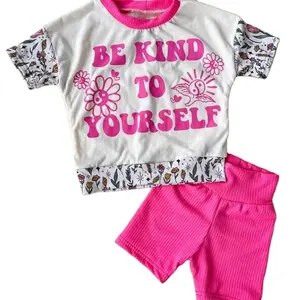 Fashionable pre-order toddler be kind outfits baby summer short clothes sassy girls pink sets