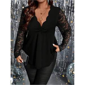 เสื้อผู้หญิงไซส์ใหญ่แบบสั่งทำพิเศษ ผ้าลูกไม้ คอวี แขนยาว เสื้อถักไหมพรม เสื้อเชิ้ตสำหรับฤดูใบไม้ร่วง - Product Image 3