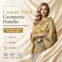 Poncho châle d'hiver personnalisable en acrylique pour femme, motif tribal géométrique, marque privée, cape réversible à franges, doux, motif ethnique, écharpe enveloppante