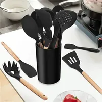 Ensemble de 15 ustensiles de cuisine antiadhésifs en silicone avec manche en bois et support