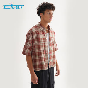 Maßgeschneiderte Flanellhemden vom Hersteller, 100% Baumwolle, Kurzärmlig, Bauchfrei, Kastenförmig, Kariert, Button-Up-Hemd für Herren - Product Image 3