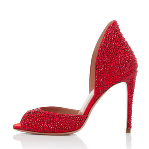 Escarpins sexy grande taille en satin uni à talons hauts pour femme, avec bout ouvert et cristaux rouges, pour le printemps et l'été, rehaussant la silhouette - Product Image 1