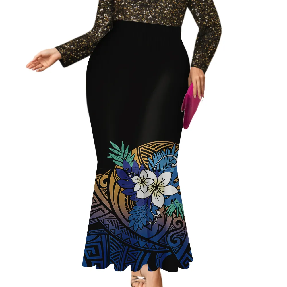 Hawaii Polynesian Hibiscus All-Match Tall Waist Fishtail Skirt Fashion Pacific Island Art Elegant Tall Waist Fish Tail Skirt