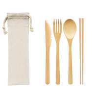 Ensemble de couverts de voyage biodégradables réutilisables écologiques pour pique-nique, ensemble de couverts en bambou avec sac