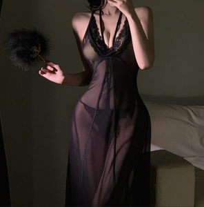 High Quality <b>Women's</b> French Style Erotic Lace Lingerie Bodysuits See Through Long Skirt Backless Nightgown Sexy Night Dress - Product Image 6