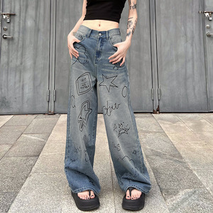Z-5096 Jeans <span class=keywords><strong>Cargo</strong></span> de Cintura Alta con Efecto Desgastado Estilo Graffiti, Pantalones Holgados de Pierna Recta para <span class=keywords><strong>Mujer</strong></span> - Product Image 3
