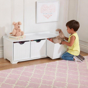 Banc de rangement classique blanc avec trois compartiments ouverts, coffre de rangement polyvalent pour jouets, livres et chaussures - Product Image 3