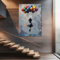 Toile Banksy Ballon Fille aux Ballons Colorés, Art Mural Moderne et Émouvant, Art de Rue Vibrant, Cadre en Bois Tendu