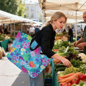 <b>Large</b> Colorful Floral Pattern <b>Canvas</b> Storage Shopping <b>Bag</b> Reusable Grocery <b>Bag</b> with Long Handles for Travel - Product Image 5
