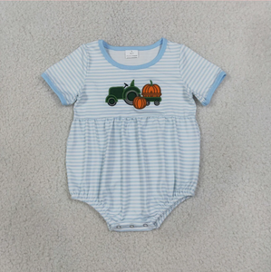 Lindo pelele azul a rayas para bebé con estampado de tractor y calabaza, sin mangas, cuello redondo, transpirable, de algodón suave, para verano - Product Image 6