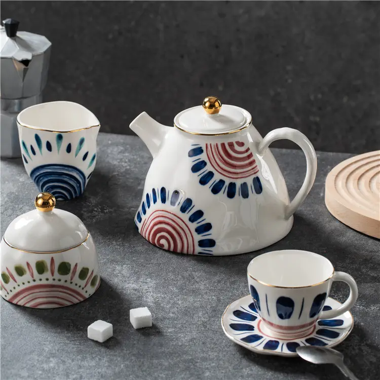 High quality wholesale new hand-painted design royal gold rim chinese luxury porcelain tea set teapot ceramic coffee   tea sets