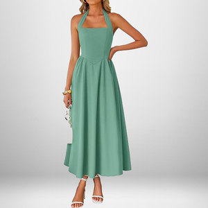Robe longue élégante pour <span class=keywords><strong>femme</strong></span>, col halter <span class=keywords><strong>carré</strong></span>, dos noué, taille smockée, <span class=keywords><strong>coupe</strong></span> fluide trapèze, sans manches, unie, décontractée - Product Image 6