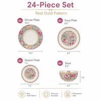 Service de table en céramique de luxe 24 pièces, motif floral rose en or véritable, vaisselle en porcelaine, vente en gros, hôtel, OEM, ODM