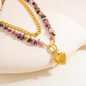 Collier pendentif cœur superposé en pierre naturelle, chaîne en acier inoxydable plaqué or 18 carats, bijou de mode pour clavicule - Product Image 2