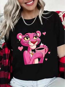 T-shirt da donna Pink Panther a maniche corte, girocollo, casual, primaverile, per San Valentino, stampa digitale, 100% poliestere jersey - Product Image 3