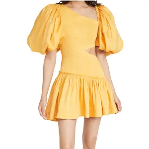 Customize summer beach boho yellow Linen cut out puff sleeve A line ruffle Mini Dress Women