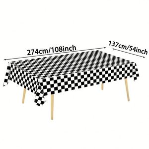 Racing Party Decoration Black Checkered <b>Tablecloth</b> 54x108 in Black White Checkered Disposable Plastic Checkered Flag Table Cover - Product Image 2