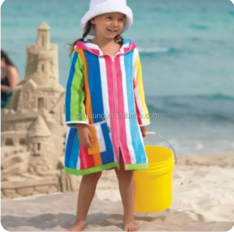 100% хлопчатобумажное окрашенное махровое Полосатое детское пляжное полотенце, платье, купальный халат на молнии