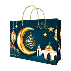 Design personalizzato riutilizzabile Eid Mubarak Ramanda mussola Festival islamico Shopping Packaging sacchetti regalo di carta con manici