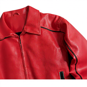 เสื้อแจ็คเก็ตบอมเบอร์ PU สีแดงสำหรับผู้ชาย สไตล์ลำลอง ปิดซิป คอปกพับได้ สีพื้น ใส่ได้ในฤดูใบไม้ร่วง ขายส่ง รับสกรีนโลโก้ตามแบบ ปี 2026 - Product Image 3