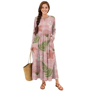 Elegante Abito Lungo a Maniche Corte con Collo Rotondo per Donna (Stampato su Richiesta) Stampa floreale hawaiana personalizzata. - Product Image 2