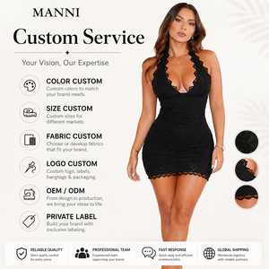 Fabrication <span class=keywords><strong>de</strong></span> vêtements OEM, <span class=keywords><strong>robe</strong></span> sur mesure <span class=keywords><strong>noire</strong></span> à col halter, décolleté profond en <span class=keywords><strong>dentelle</strong></span>, <span class=keywords><strong>robe</strong></span> moulante mini - Product Image 5
