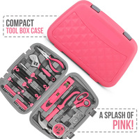 Juego de Herramientas Manuales de Acero al Cromo Vanadio de 67 Piezas, Color Rosa, con Llave Inglesa Ajustable, Destornilladores, Martillo, Alicates, Tijeras, Estuche Rígido, Garantía de 3 Años
