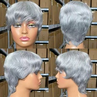 Perruque brésilienne grise naturelle courte de 6 pouces, fabriquée à la machine, sans lacet, sans colle, cheveux raides effet fée, la plus vendue