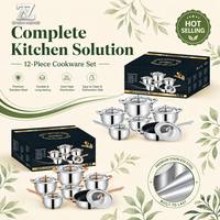 Batterie de cuisine ZHEN NENG Classic 12 pièces en acier inoxydable 201 SS avec poignées dorées et fond triple couche, comprenant faitout, casserole et poêle à frire, avec couvercles en verre OEM