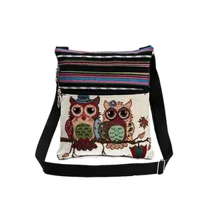 Großhandel Frauen Folk-Stil Doppel reiß verschluss Eule gedruckt Jacquard Umhängetaschen weibliche ultraleichte Damen Briefträger Tasche Outdoor-Strand