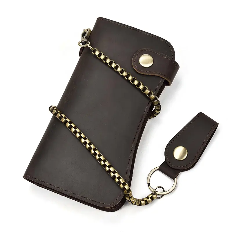Crazy Horse Leather Chain Wallet Anti-Theft Bike Men Cow Leather Card Holder Purse Long Wallet Leather Wallet For Men