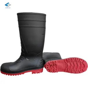 Yağ asit Alkali dayanıklı yağmur botu ucuz çiftçi güvenlik Anti kayma PVC kauçuk yağmur çizmeleri yağmur botu s siyah yağmur botu kırmızı taban ile