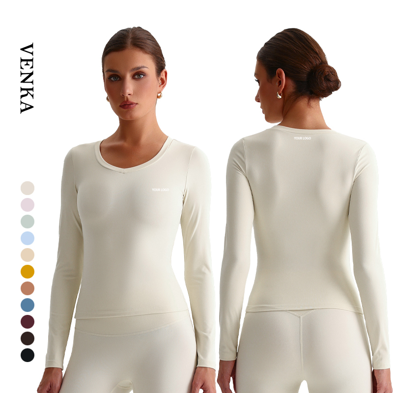 Customization LOGO Women Athletic Wear V-Shaped Neckline Slim Fit Sportswear Gym Fitness Women's Yoga Long Sleeve T Shirt