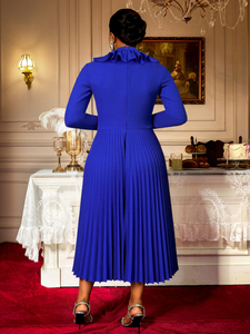AM050850 elegante autunno con collo alto a manica lunga a trapezio plissettato blu Midi Plus Size formale <span class=keywords><strong>da</strong></span> <span class=keywords><strong>donna</strong></span> abito Casual <span class=keywords><strong>da</strong></span> chiesa - Product Image 3