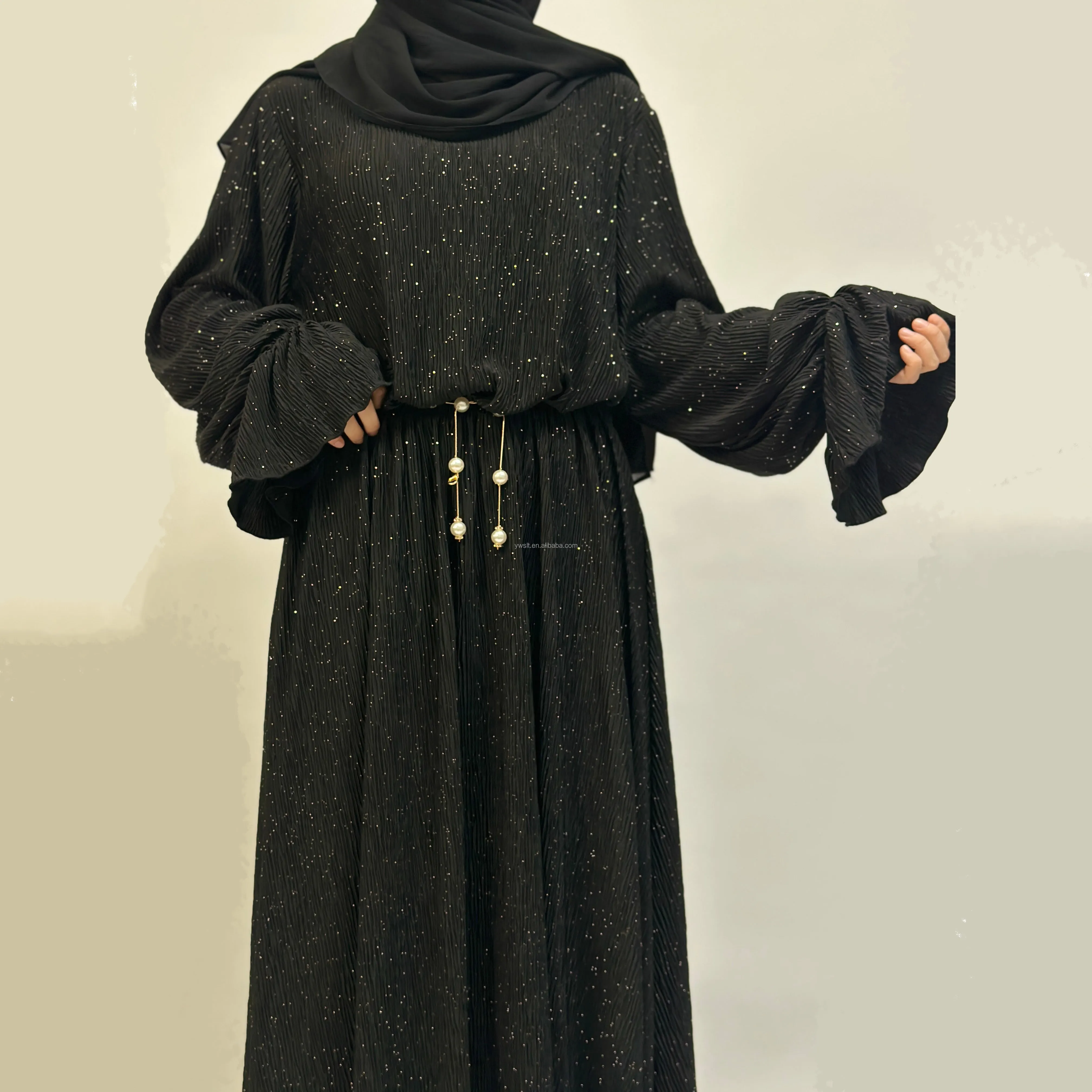 Atacado Personalizado Abaya Turquia Senhoras Vestuário Islâmico Luxo Elegante Bling Sparkly Plissado Abaya Mulheres Vestido Muçulmano Dubai Abaya