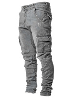 Jean cargo skinny empilé pour homme, effet usé, multi-poches, coupe slim, en denim, style streetwear, pantalon décontracté pour le quotidien